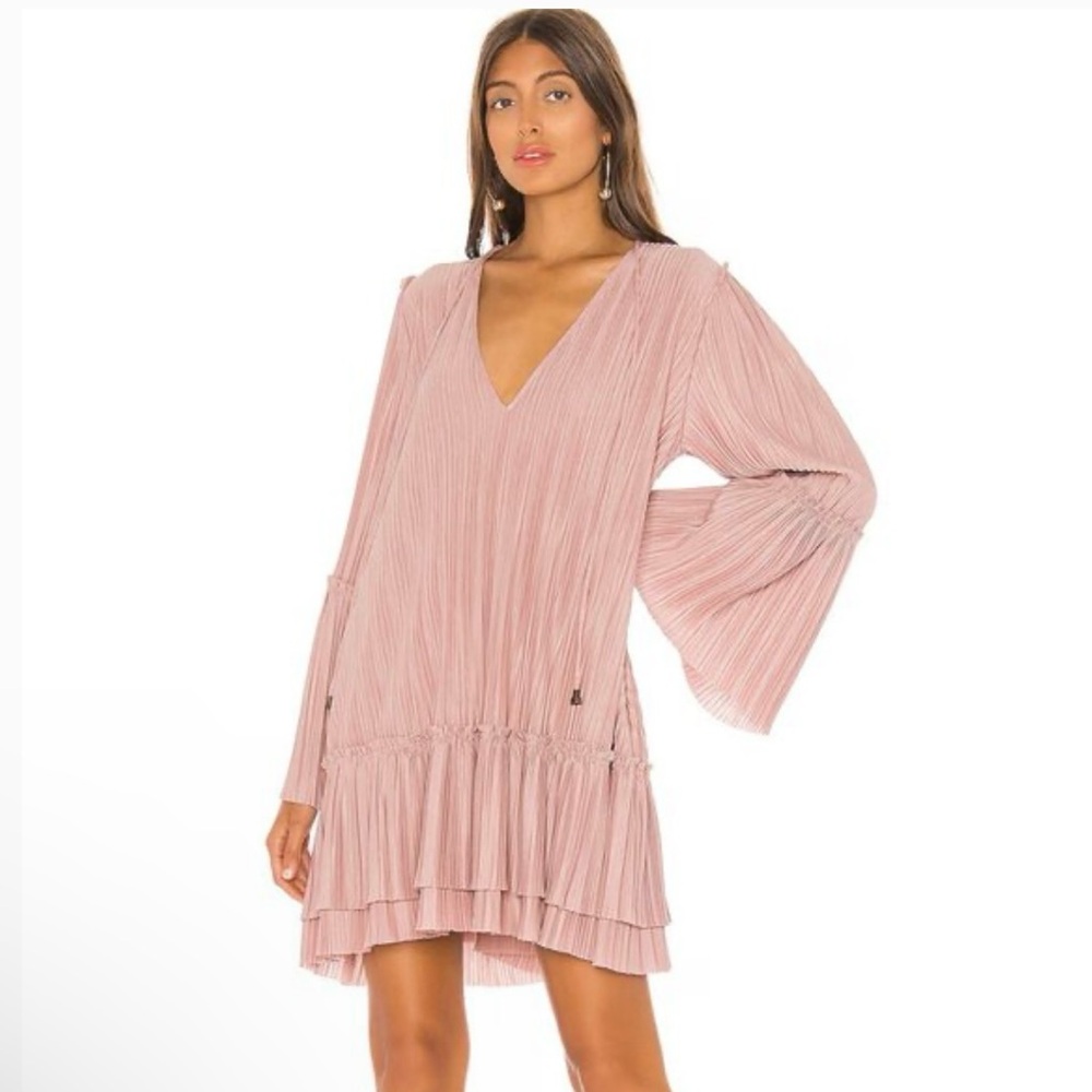 Free People - Pleated V-Neck Oversized Bell Sleeve Pink Mini Dress